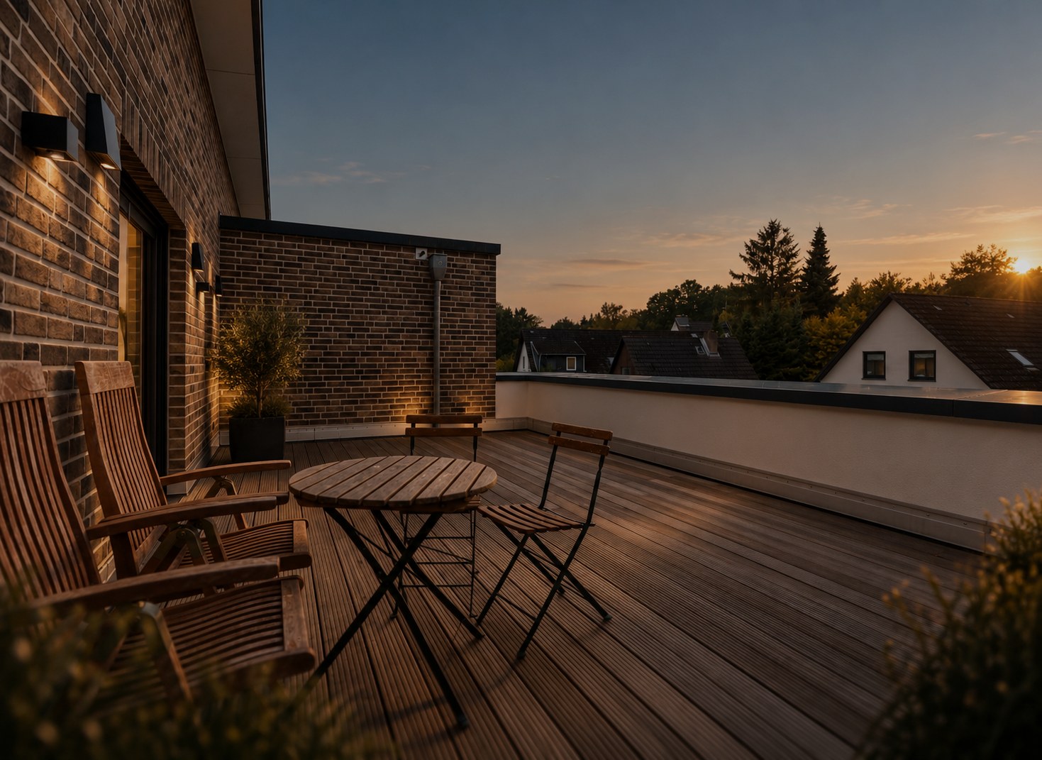 Dachterrasse mit Holzmöbeln im warmen Abendlicht